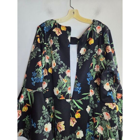 Eloquii Black w/Multicolor Floral Print Flare Sleeve Midi Cocktail Dress size 20 - Picture 6 of 9